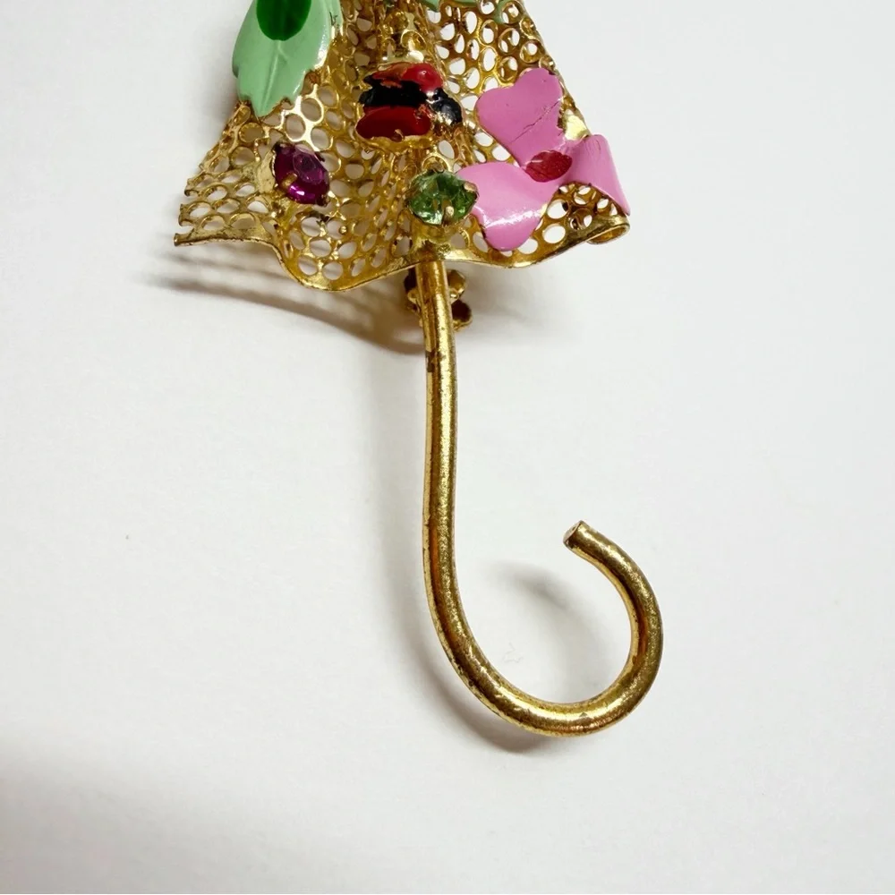 Vintage Gold Tone Umbrella Enamel Floral Ladybug Brooch - Picture 3 of 8